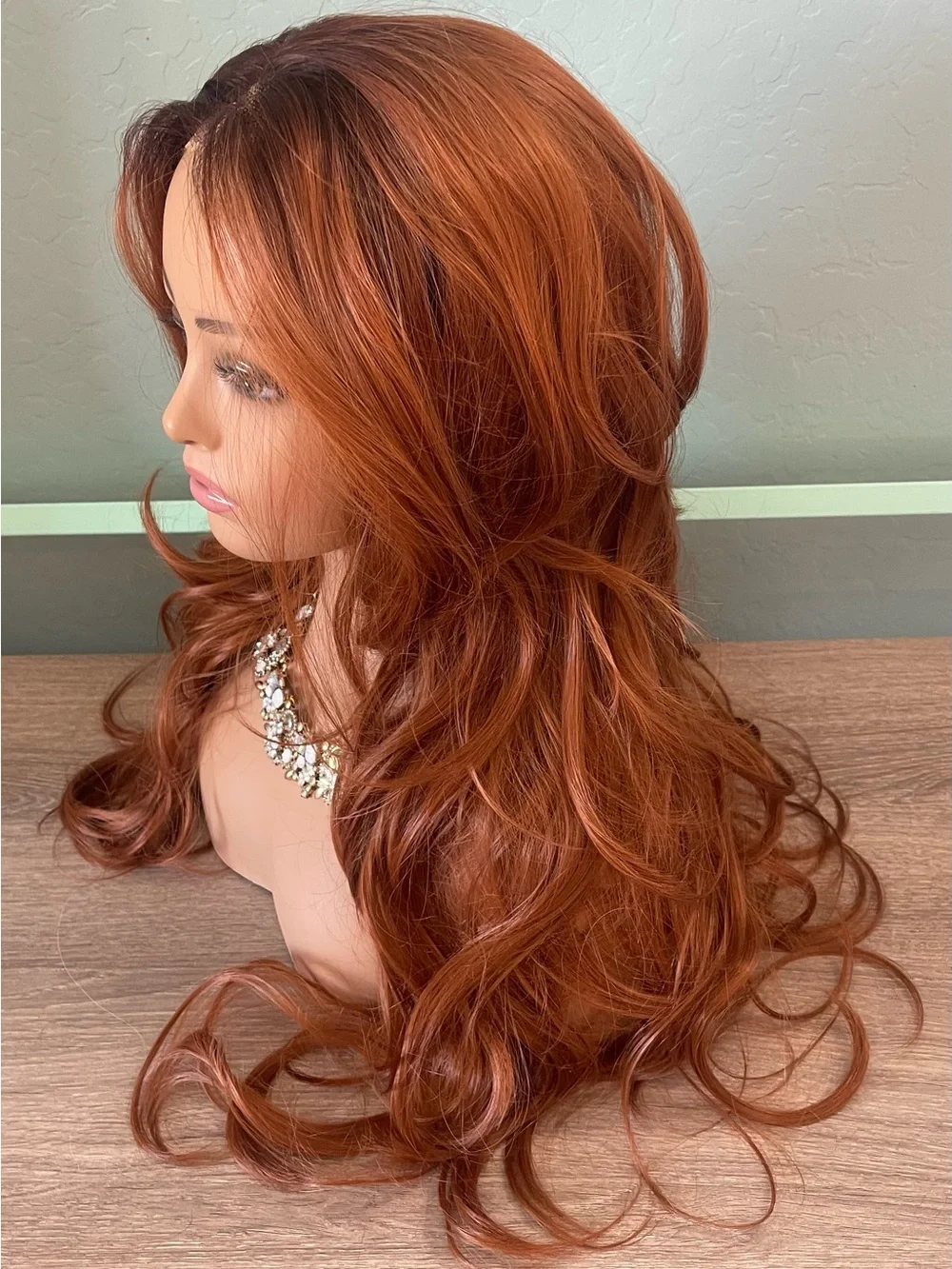 Kome Women's Long Wavy Lace Front synthetic Wig - Copper Red